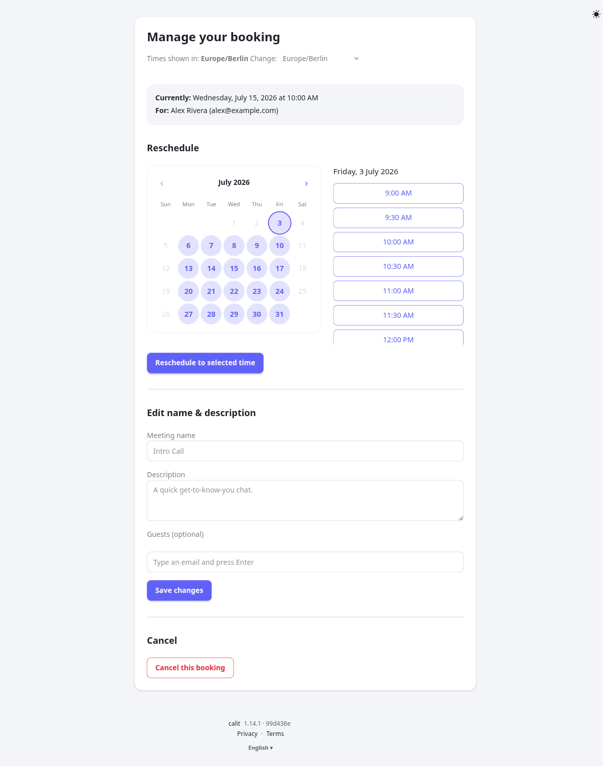 The Manage page: reschedule, edit name/description/guests, or cancel