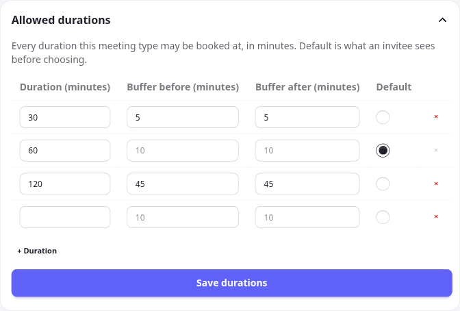 Allowed durations on a meeting type