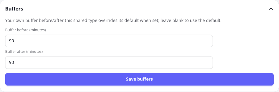 A co-host setting their own before/after buffer on a shared meeting type