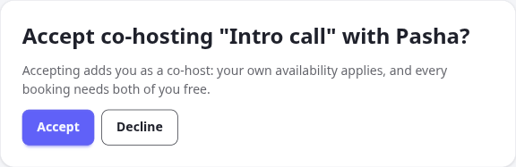 A pending co-host request on the invited host's dashboard, with the matching email