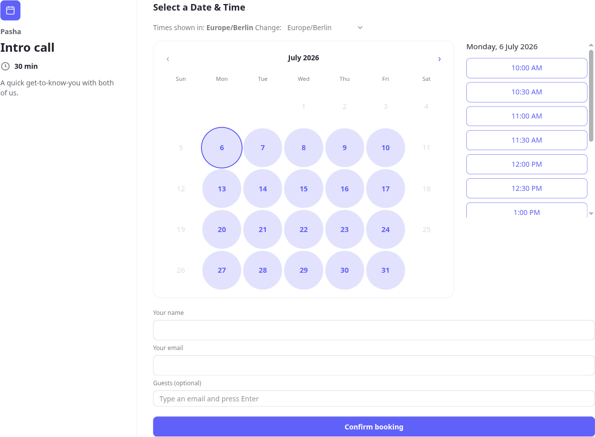 The public booking page reached via a co-host's username, showing the intersected slots