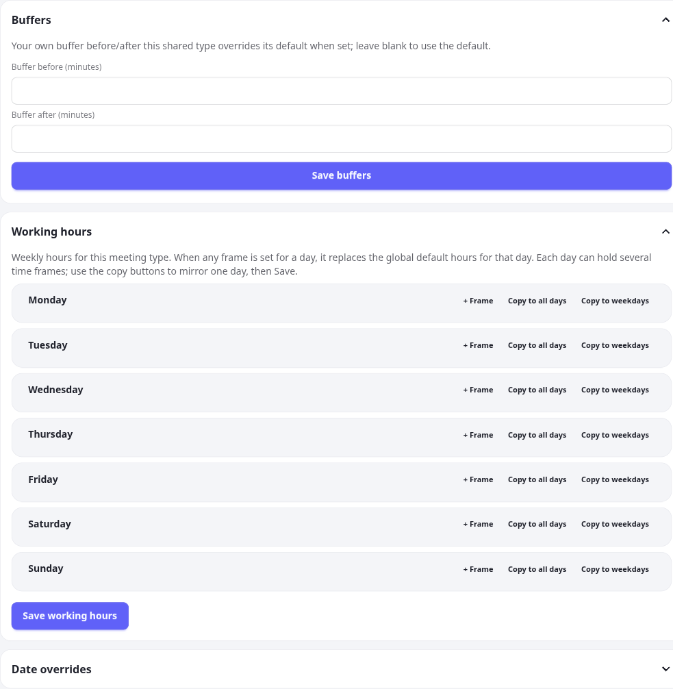 A co-host's own working-hours and buffer editor for a shared meeting type