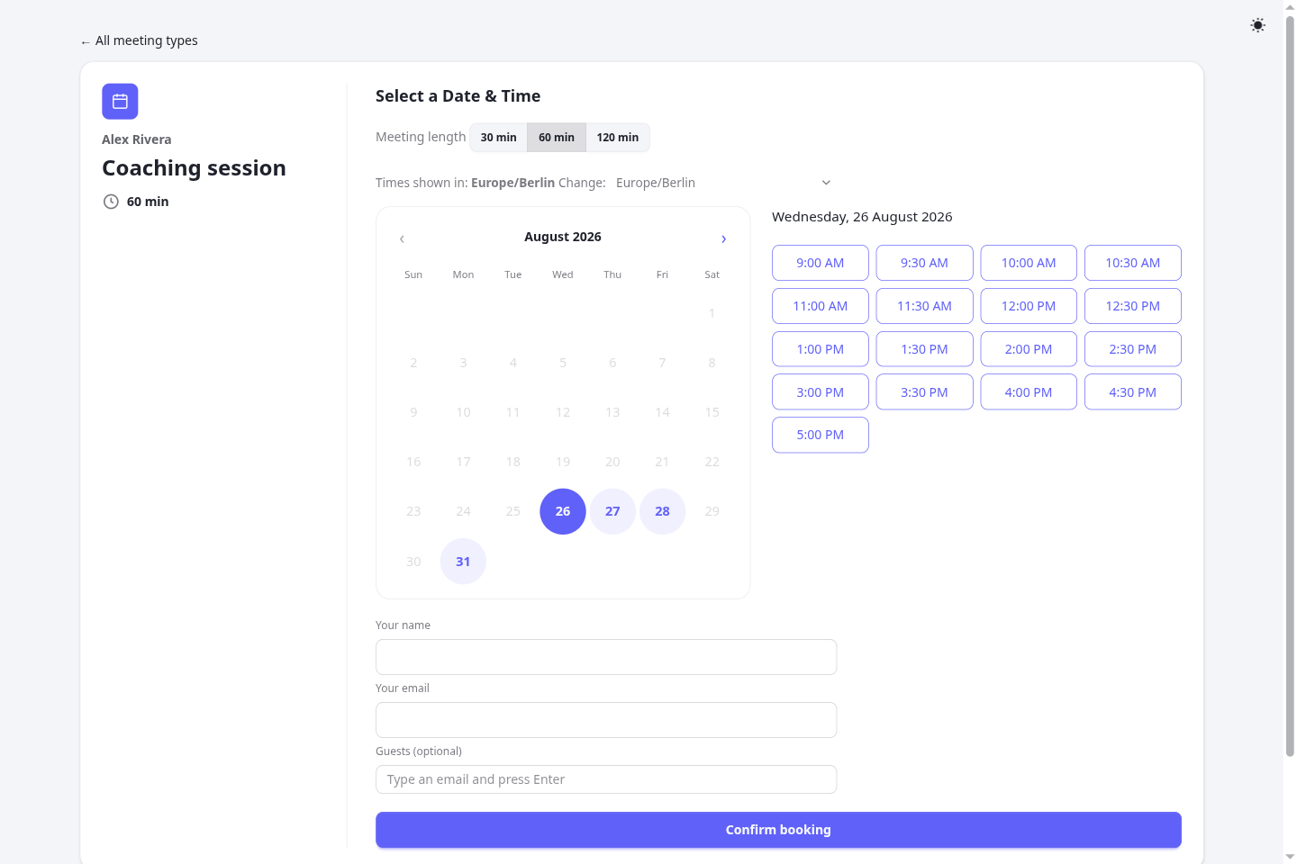 Choosing a meeting length on the booking page