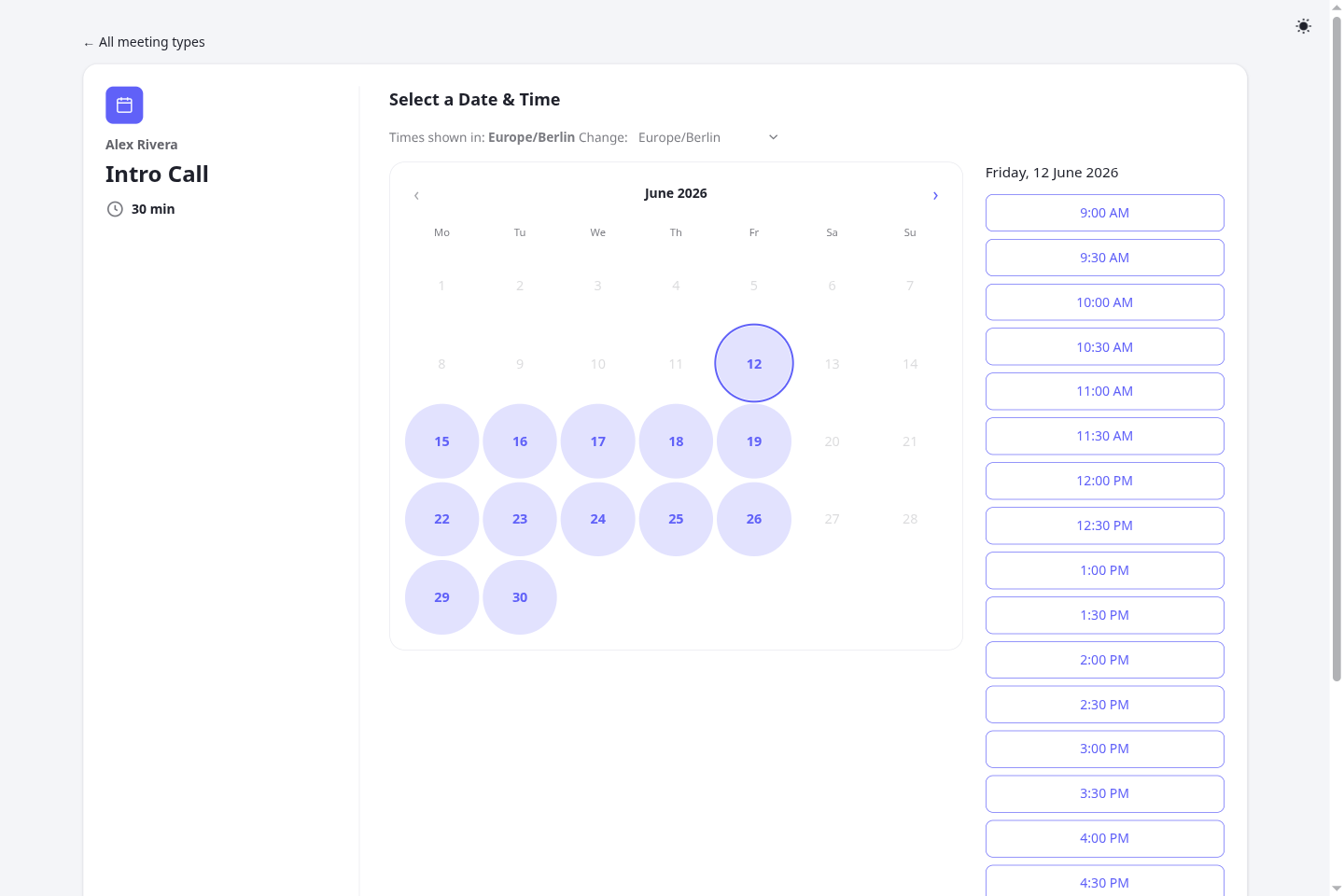 calit booking page: a monthly calendar of available days beside a column of bookable time slots