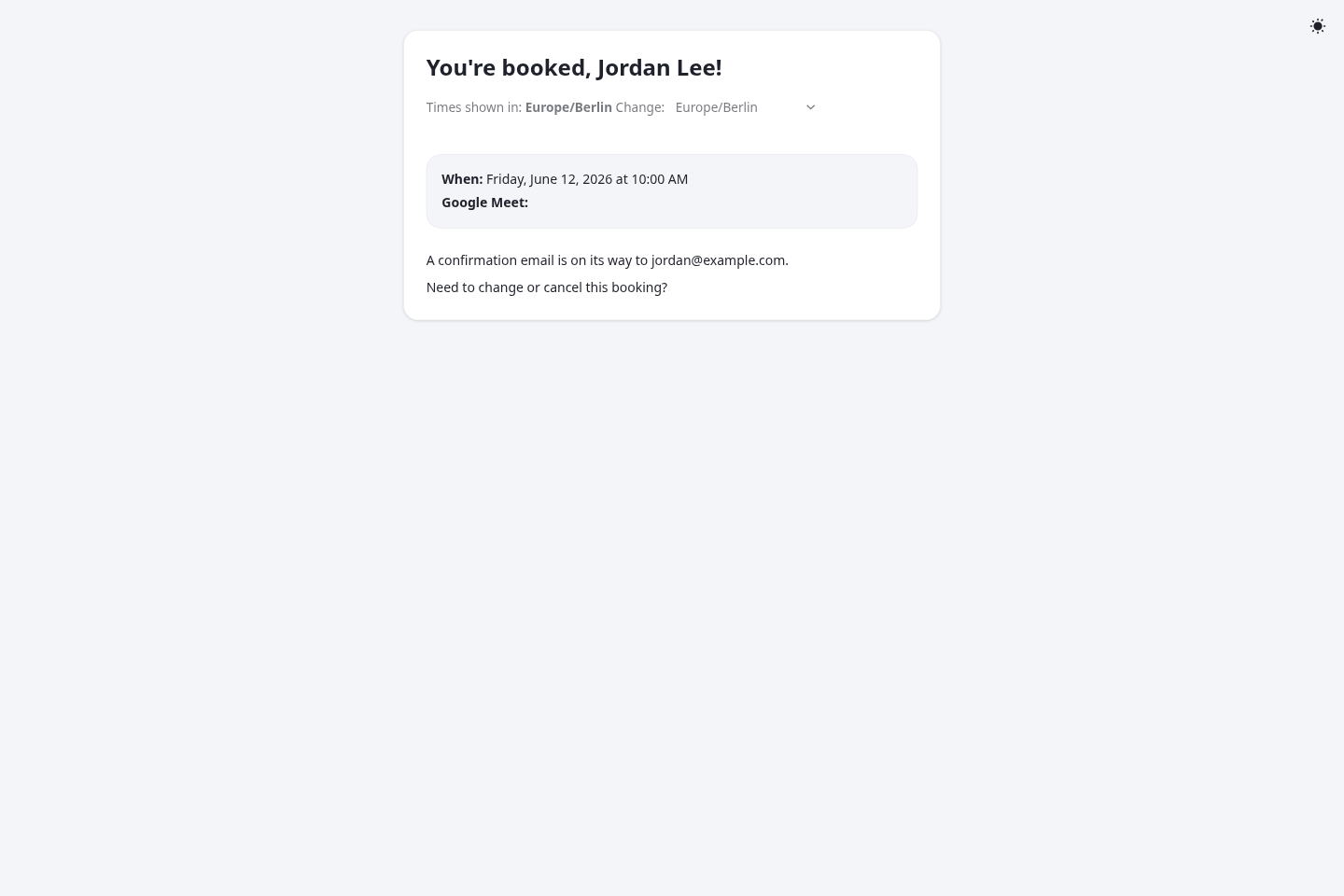Booking confirmation screen shown to the invitee after they pick a time