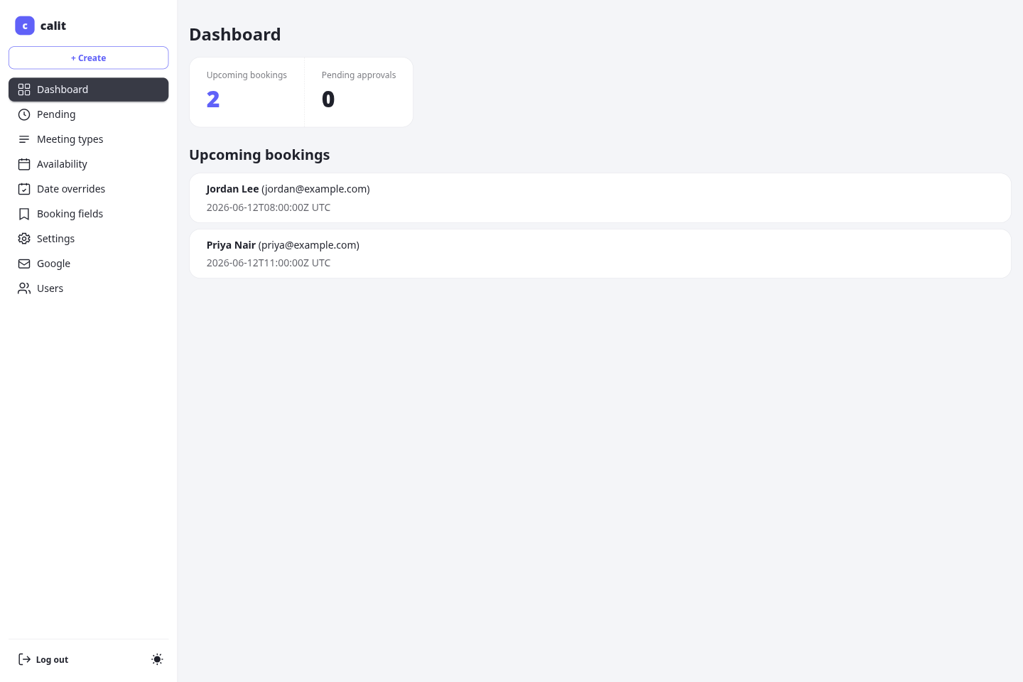calit owner dashboard showing upcoming bookings and a side navigation