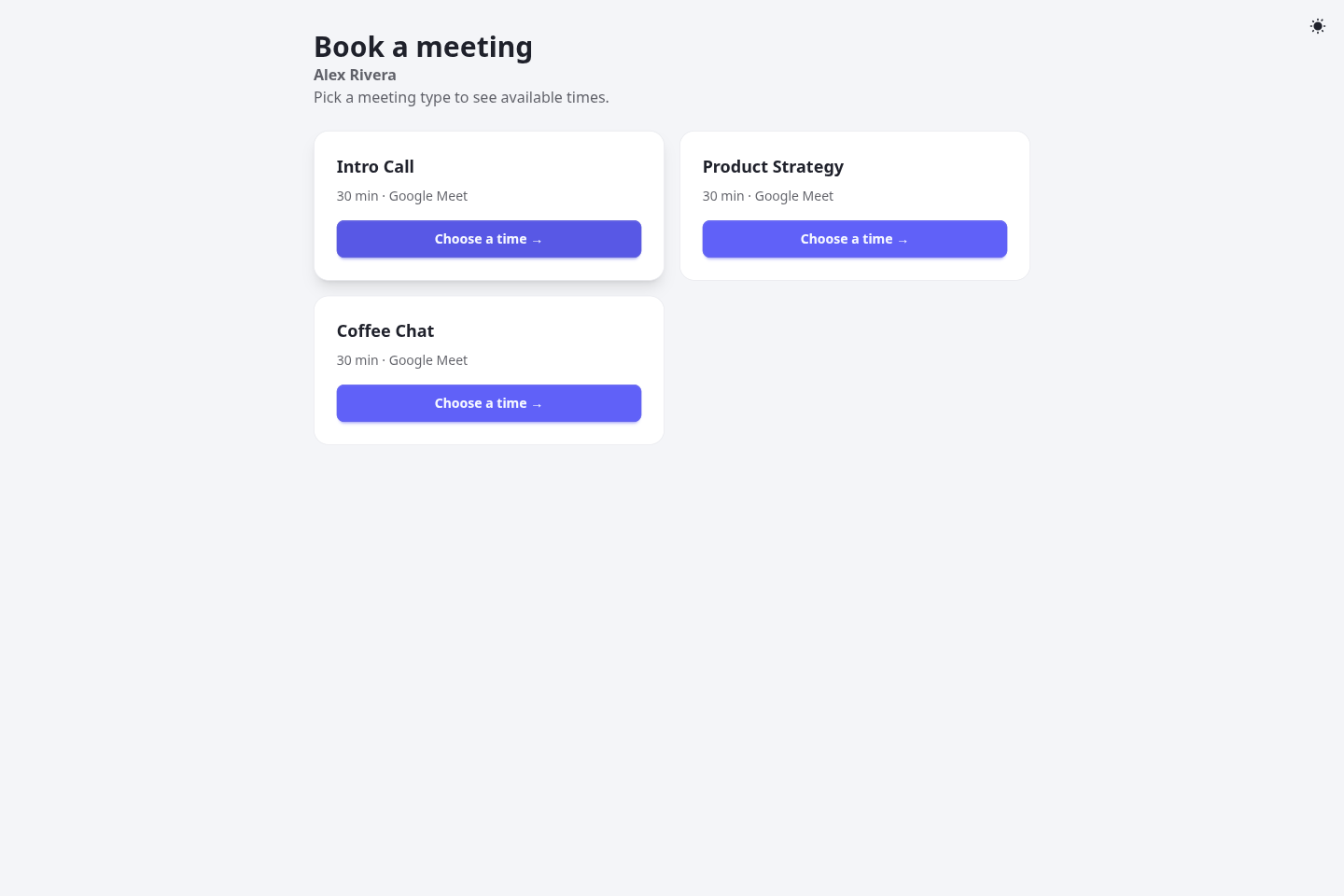 A user's public landing page listing their bookable meeting types